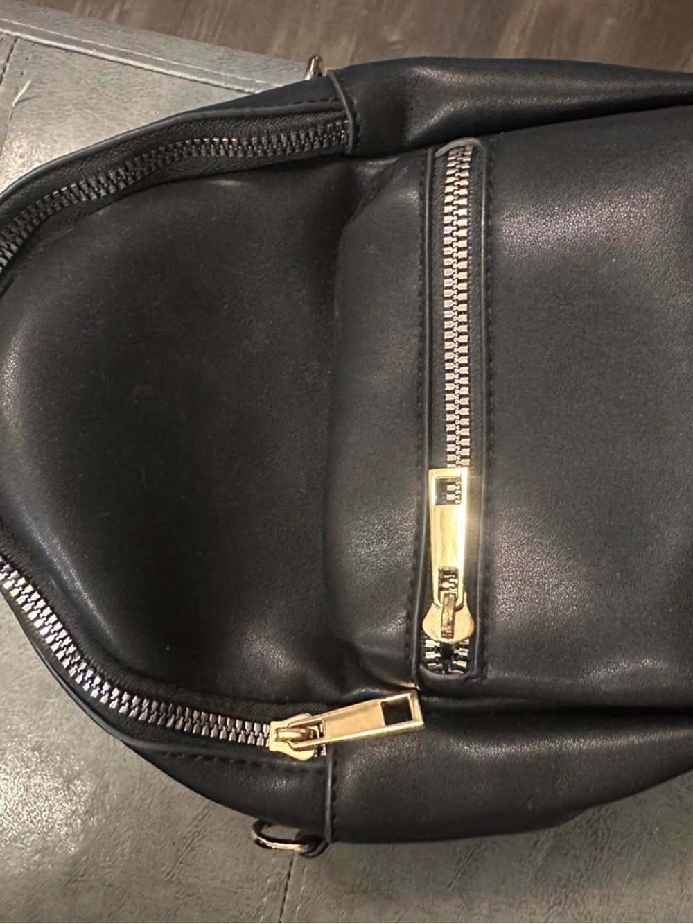 Black Faux Leather Crossbody Bag with Gold Zippers